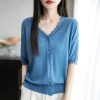 Women's Thin Fine Spun Wool T-Shirt Lace V-Neck Cardigan T-Shirt Knit Solid Color Clothes Fashion Casual