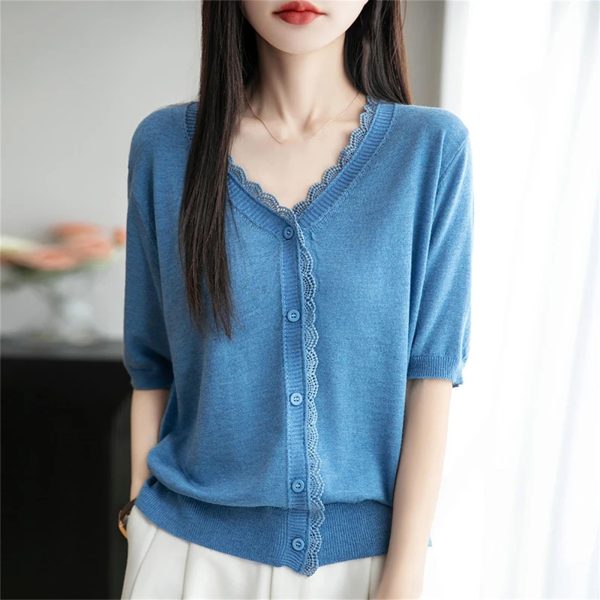 Women's Thin Fine Spun Wool T-Shirt Lace V-Neck Cardigan T-Shirt Knit Solid Color Clothes Fashion Casual