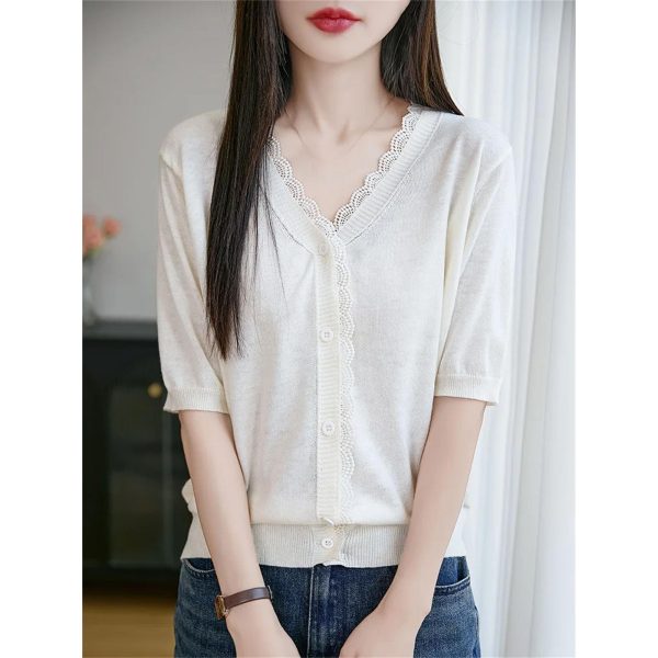Women's Thin Fine Spun Wool T-Shirt Lace V-Neck Cardigan T-Shirt Knit Solid Color Clothes Fashion Casual