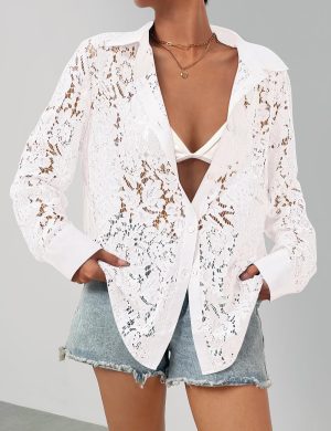 Lace-Tops for Women: Sheer Lace Long Sleeve Top, Elegant Dressy Blouse, Sheer Tops for Women