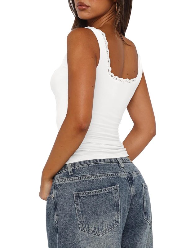 Womens Square Neck Lace Tank Tops Double Lined Sleeveless Cute Going Out Tops