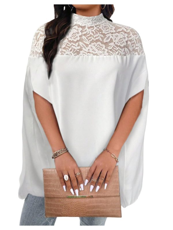Women's Plus Size Contrast Lace Oversized Dolman Sleeve Mock Neck Tunic Tops