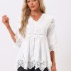 Women's Lace Trim Chiffon Elegant Spring Hollow Out 3/4 Sleeve V Neck Shirts