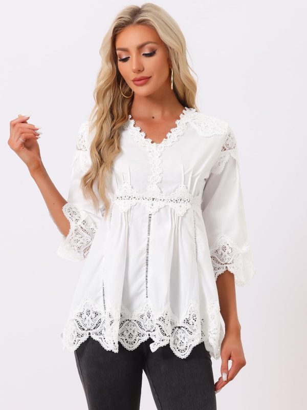 Women's Lace Trim Chiffon Elegant Spring Hollow Out 3/4 Sleeve V Neck Shirts