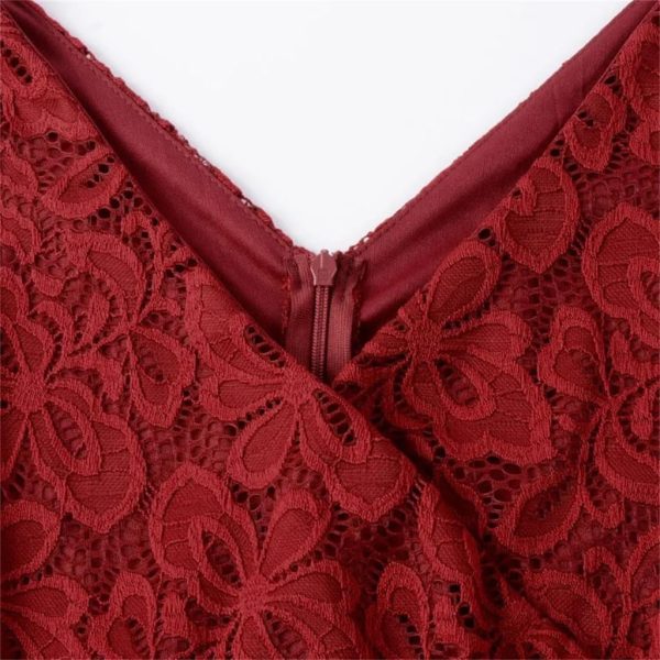 Red Elegant Lace Office Ladies Pencil Dress Vintage Women's V-Neck 3/4 Long Sleeve Slim Tight Dress