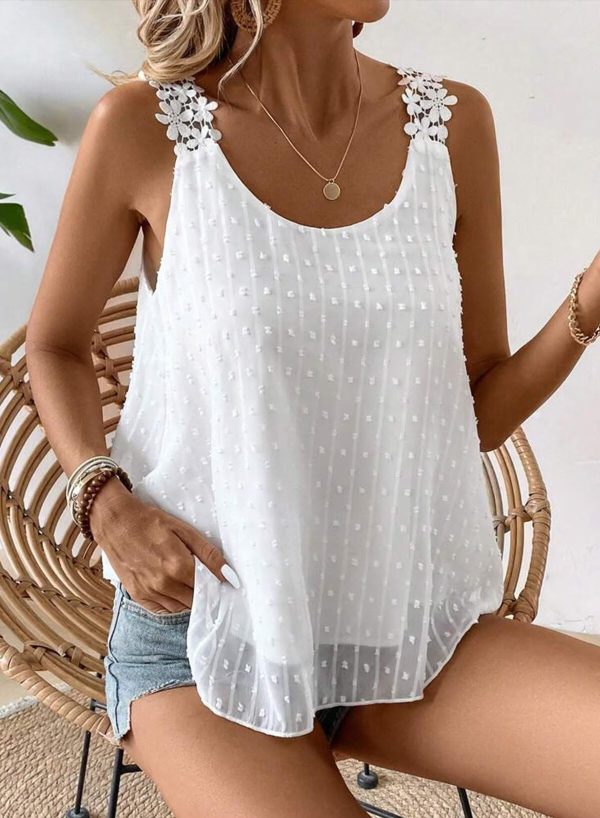Womens Tank Tops Flowy Sleeveless Summer Boho Blouses for Women Casual Crewneck Spaghetti Strap Lace Camisole Shirts