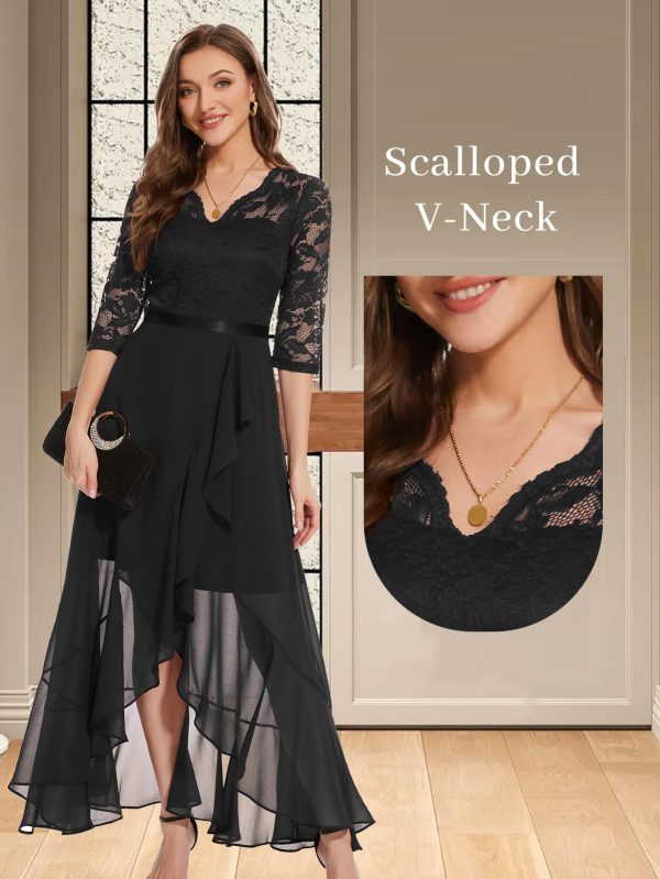 Women's V-Neck Dress for Women Wedding Guest Hi-Lo Floral Lace Prom Cocktail Party Formal Bridesmaid Dress