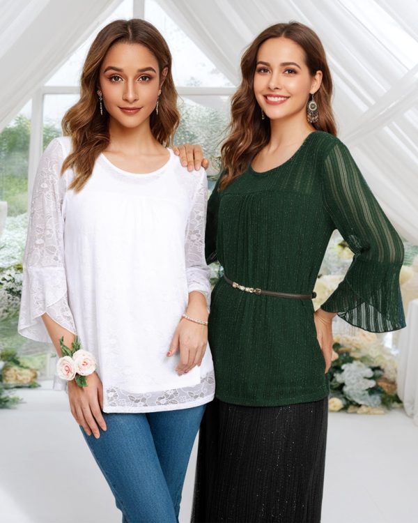 71BseJGyUNL.jpg Women's Ruffle 3/4 Sleeve Elegant Dressy Blouses Crew Neck Double Layers Mesh Tunic Tops
