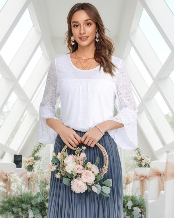 71C0J06r3xL.jpg Women's Ruffle 3/4 Sleeve Elegant Dressy Blouses Crew Neck Double Layers Mesh Tunic Tops