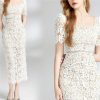 Women Slim Fit White Lace Hollow Dress Square Collar Puff Sleeve Mid Calf Fit Flare Dresses for Party(Small Short)