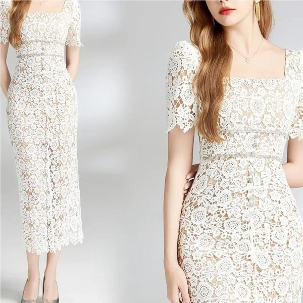 Women Slim Fit White Lace Hollow Dress Square Collar Puff Sleeve Mid Calf Fit Flare Dresses for Party(Small Short)