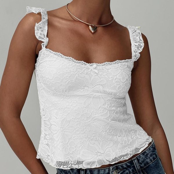 Women Y2k Lace Trim Tank Tops Teen Girl Fairycore Sleeveless Solid Going Out Streetwear Summer Crop Camisole