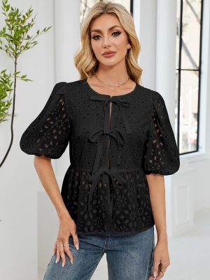 Women's Summer Dressy Casual Tops Short Puff Sleeve Babydoll Peplum Blouse Bow Tie Front Hollow Out Lace Shirts