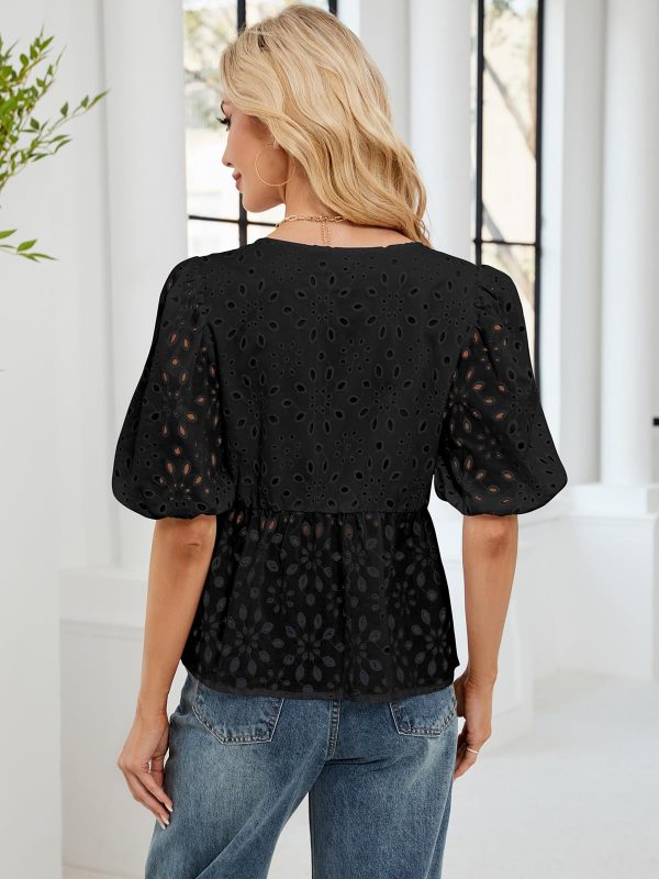 Women's Summer Dressy Casual Tops Short Puff Sleeve Babydoll Peplum Blouse Bow Tie Front Hollow Out Lace Shirts