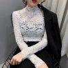 Women's Floral Lace Top Long Sleeve Mock See Through Mesh Underwear Blouse Shirt S-L
