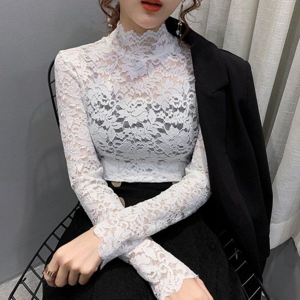 Women's Floral Lace Top Long Sleeve Mock See Through Mesh Underwear Blouse Shirt S-L