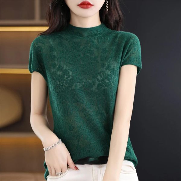 Lace Cashmere Short Sleeve Knit Pullover Thin Breathable Sweater Top
