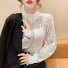 Lace Tops for Women Long Sleeve Mock Neck Sheer Blouse See Through Floral Lace Tops