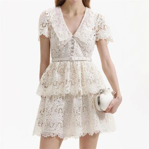 Women's Slimming Embroidery Dress - V-Neck Short Sleeve High Waist Belted Spring Dress