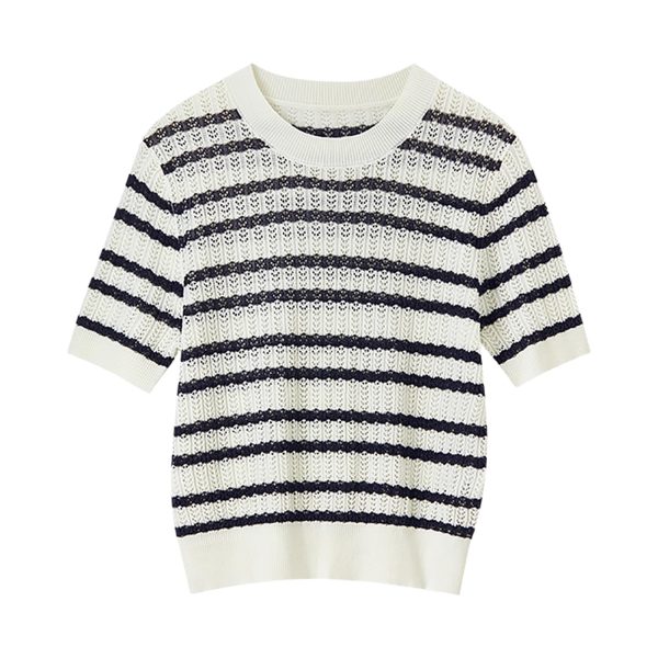 Women Short Sweater Striped Knit Pullover Loose Fit Contrast O Neck Knitted Tops