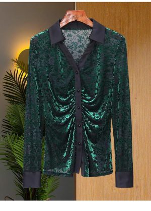 Ladies' Summer Long-Sleeved Chiffon Shirt Plaid Pattern for Riding Ranch Visits Blouse for Women