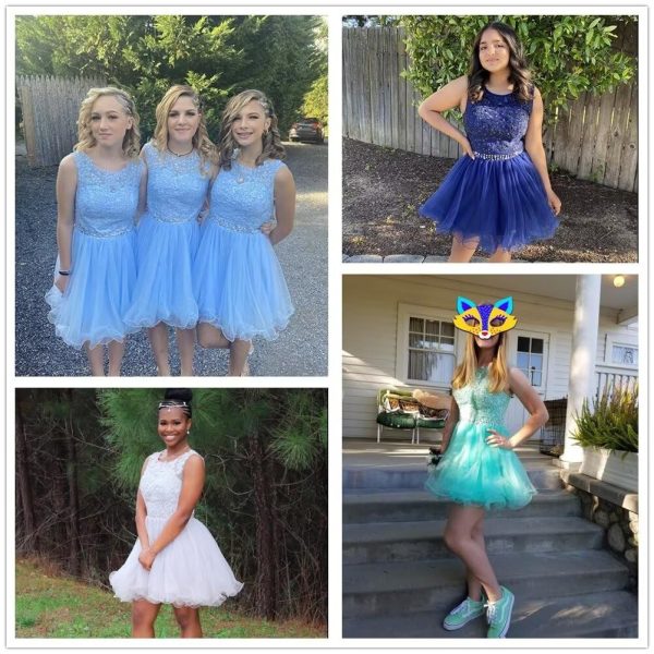Women's Appliques Beaded Homecoming Dresses for Teens Short Prom Dress Tulle Party Cocktail Gown