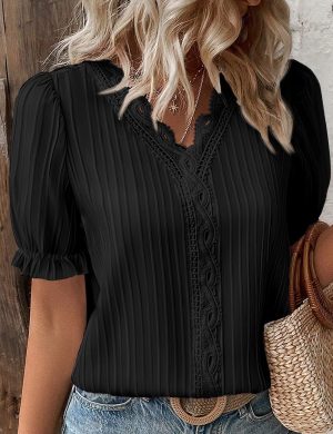 Women's Elegant Lace V Neck Short Sleeve Solid Tops Shirt Blouse