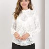 Women's Elegant See Through Top Ruffle Frill Neck Long Sleeve Floral Lace Blouse