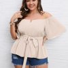 Women's Plus Size Off The Shoulder Peplum Blouse Top Half Bell Sleeve Tie Waist Ruffle Hem Babydoll Tops