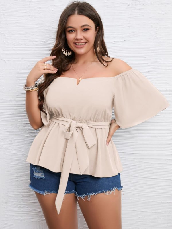 Women's Plus Size Off The Shoulder Peplum Blouse Top Half Bell Sleeve Tie Waist Ruffle Hem Babydoll Tops