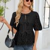 Women's Summer Dressy Casual Tops Short Puff Sleeve Babydoll Peplum Blouse Bow Tie Front Hollow Out Lace Shirts