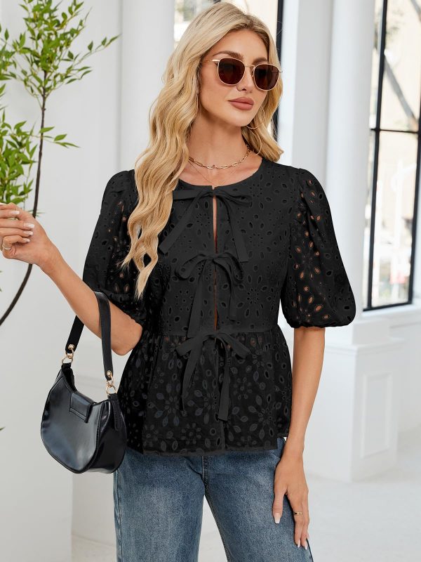 Women's Summer Dressy Casual Tops Short Puff Sleeve Babydoll Peplum Blouse Bow Tie Front Hollow Out Lace Shirts