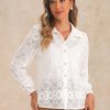 Women's Elegant Eyelet Top Casual Work Long Sleeve Hallow Out Lace Sheer Button Down Shirt