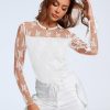 Womens Sexy Sheer Mesh Long Sleeve Tops Crew Neck Double Layered Tee Shirts Going Out Party Club Night Lace Blouse