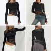Women's Asymmetrical Sheer Lace T Shirt Sexy Slim Fit Long Sleeve Blouse Boat Neck Crop Top Tees