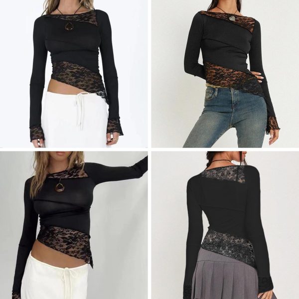 71Gs3G-iG7L.jpg Women's Asymmetrical Sheer Lace T Shirt Sexy Slim Fit Long Sleeve Blouse Boat Neck Crop Top Tees
