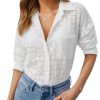 Womens Lace Shirts Dressy Button Down Shirts Embroidered Blouses Cotton Eyelet Long Sleeve Collared Tops