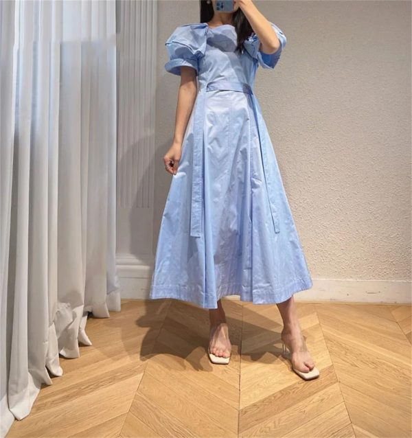 71HDgf3meJL.jpg Women's Bandage Waist Maxi Dress - Puff Sleeve Cotton Solid Color Spring Long Dress