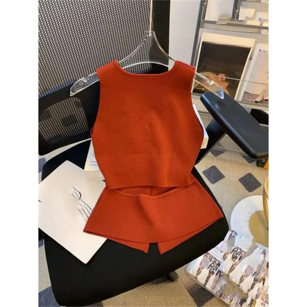 Women Angola Red Knit Vest, V‑Neck Sleeveless Luxury Top