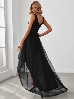 Women's V Neck Pleated Waist Short Sleeve Wedding Guest Dress Chiffon Bridesmaid Dresses 00793