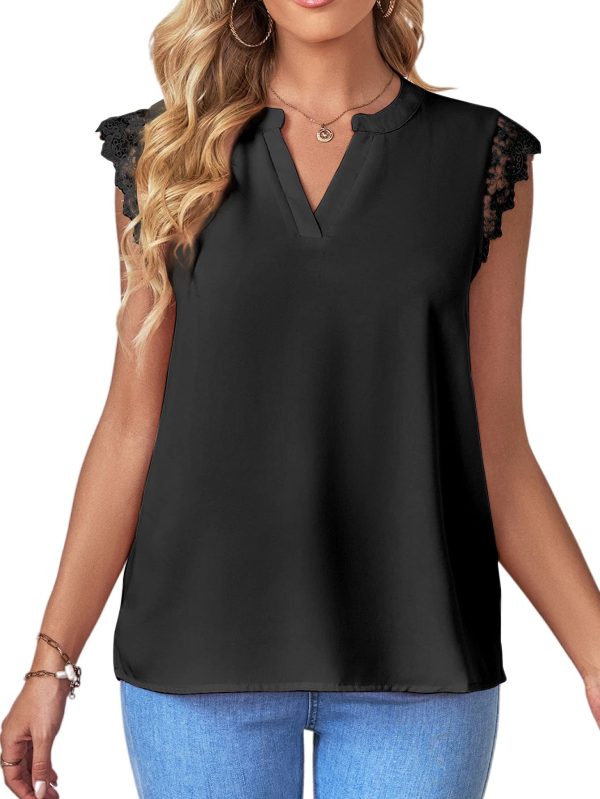 Women's Elegant Notch V Neck Lace Trim Cap Sleeve Blouse Shirt Sleeveless Top