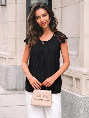 Womens Lace Tops Pleated Short Sleeve Shirts Summer Business Casual Dressy Blouses