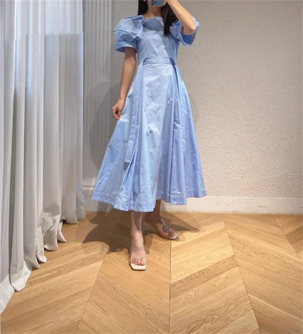 71J2WYBZz4L.jpg Women's Bandage Waist Maxi Dress - Puff Sleeve Cotton Solid Color Spring Long Dress