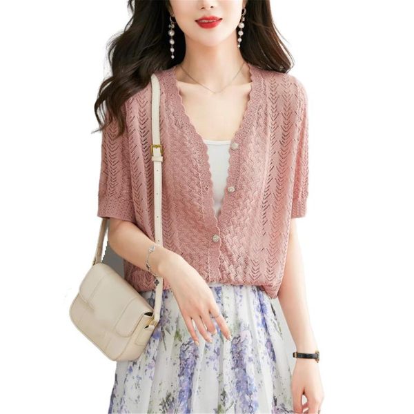 Women's Knitwear Shawl Top Short Sleeve Summer Ice Silk Cardigan Casual Vacation Blouse