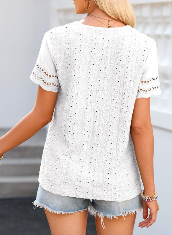 71KhqXYA17L.jpg Summer Tops for Women 2025 Short Sleeve V Neck Dressy Lace Eyelet Blouses Shirts