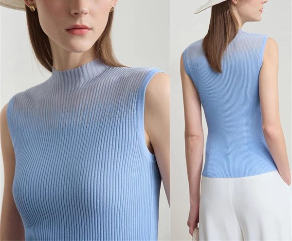 Women's Mock Neck Knit Camisole - Double Curved Yarn Top for Sleeveless Elegance