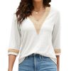 Women's Casual 3/4 Sleeve Shirts Lace V Neck Color Block Dressy Tops Trendy Hollow Floral Blouses T Shirts S-XXL