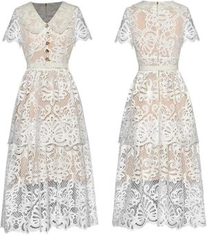 Womens Vintage Party Dress V-Neck Short Sleeve Lace Up Hollow Out Button Lace Formal Evening Maxi Long Dresses