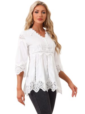 Women's Lace Trim Chiffon Elegant Spring Hollow Out 3/4 Sleeve V Neck Shirts