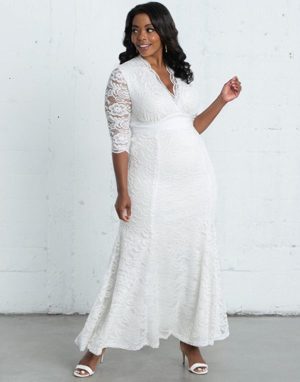 Women's Plus Size Amour Long Lace Wedding Gown, Bridal Dress with 3/4 Long Sleeves in Ivory Vintage-Inspired Lace